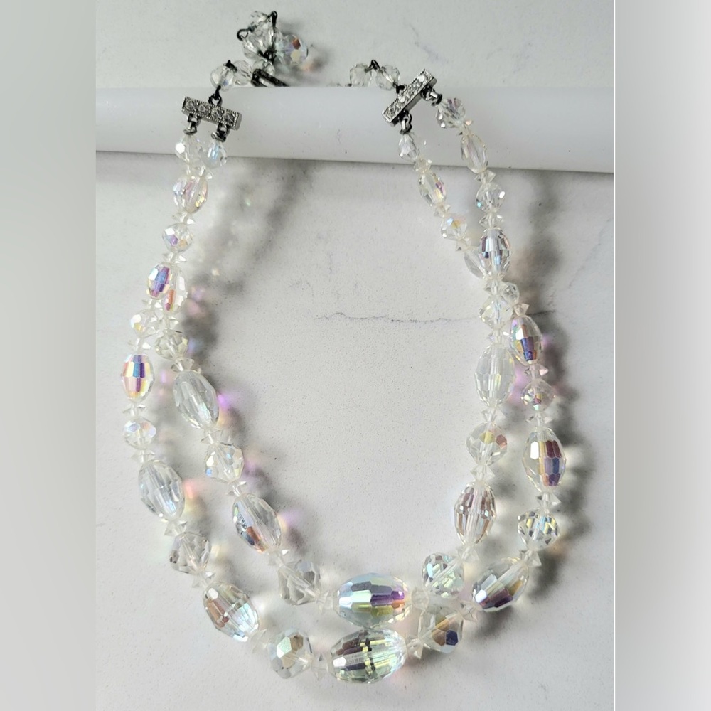 Laguna! Vintage Aurora Borealis Large Crystal Double Strand Necklace | EUC